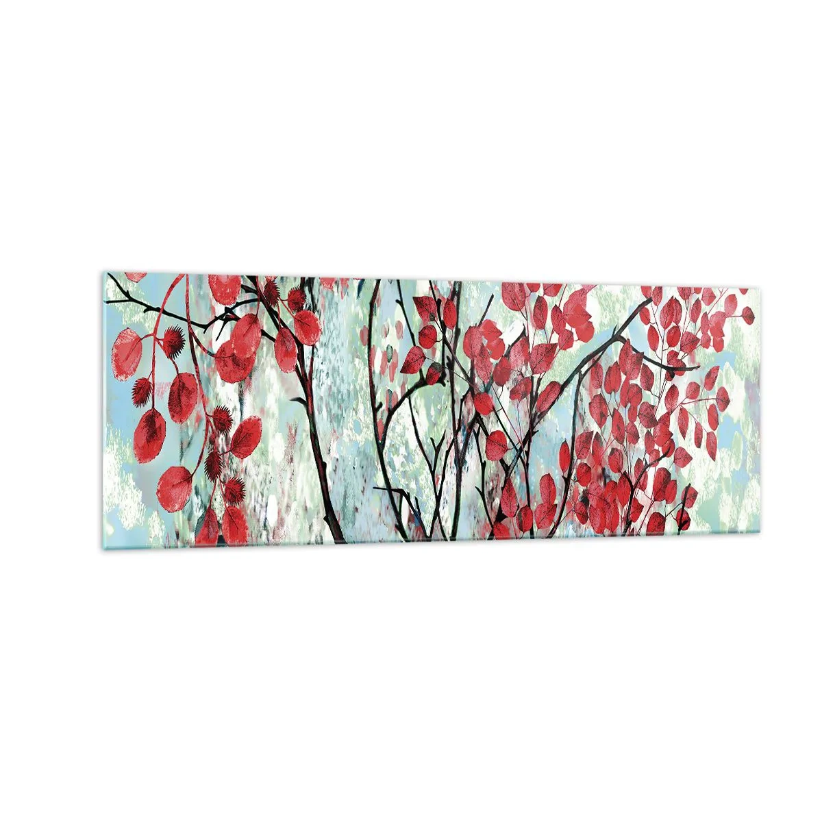 Glasbild - Bild auf glas - Rote Blätter vor einem hellen Himmel mit abstrakten Mustern - 140x50cm - Baum in Scharlachrot - Moderne Wanddekoration für Wohnzimmer und Schlafzimmer ARTTOR
