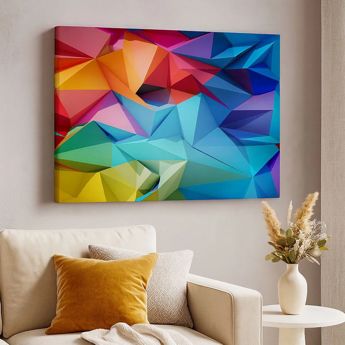 Bild auf Leinwand - Leinwandbild - Bunte geometrische Abstraktion in lebendigen Farben - 70x50cm - Regenbogen-Origami - Moderne Wanddekoration für Wohnzimmer und Schlafzimmer ARTTOR