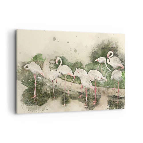 Bild auf Leinwand - Leinwandbild - Flamingos in ihrer natürlichen Umgebung im Aquarellstil - 100x70cm - Exotischer Traum - Moderne Wanddekoration für Wohnzimmer und Schlafzimmer ARTTOR