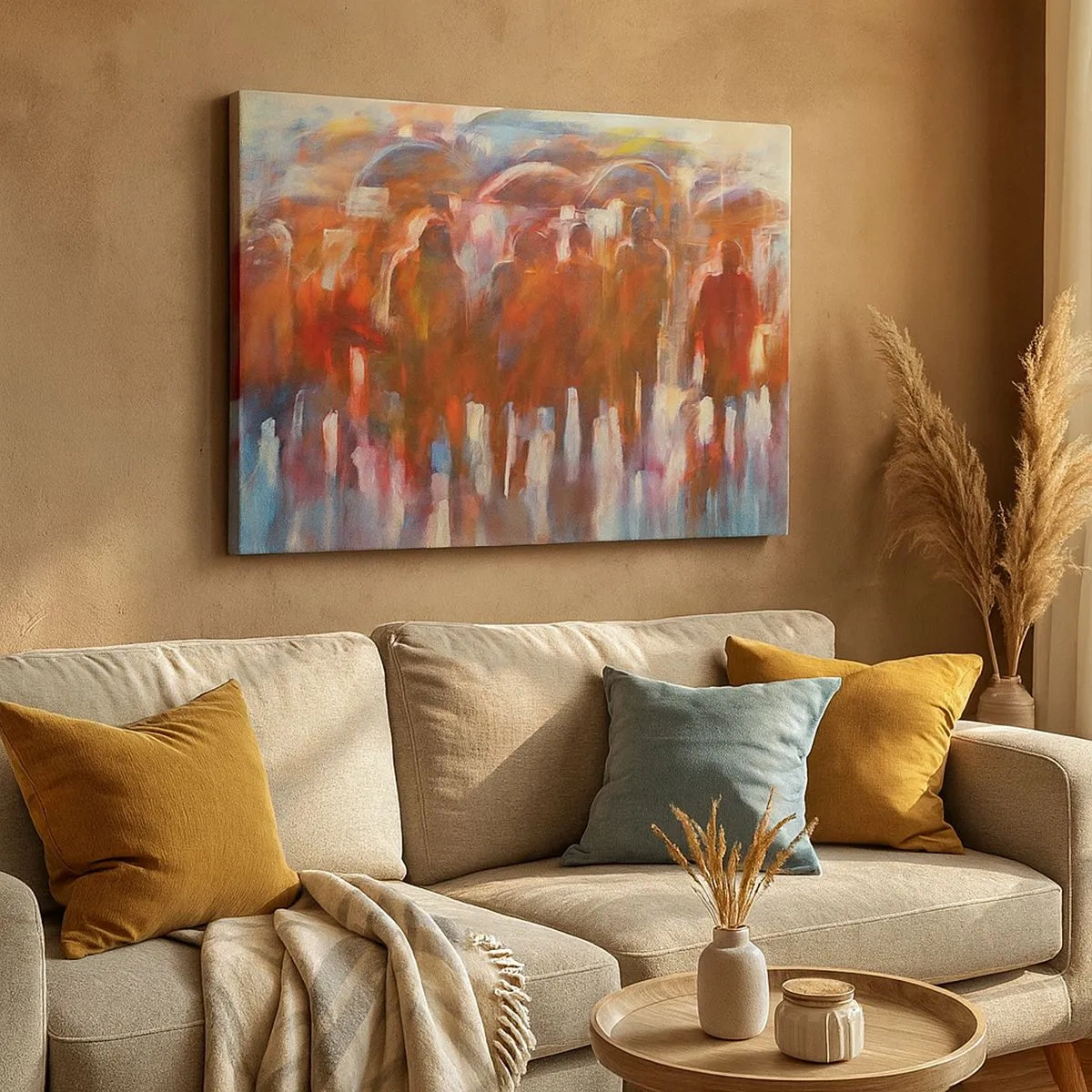 Bild auf Leinwand - Leinwandbild - Eine Menschenmenge mit Regenschirmen in einer regnerischen, künstlerischen Umgebung - 70x50cm - Auch bei Regen und Nebel - Moderne Wanddekoration für Wohnzimmer und Schlafzimmer ARTTOR