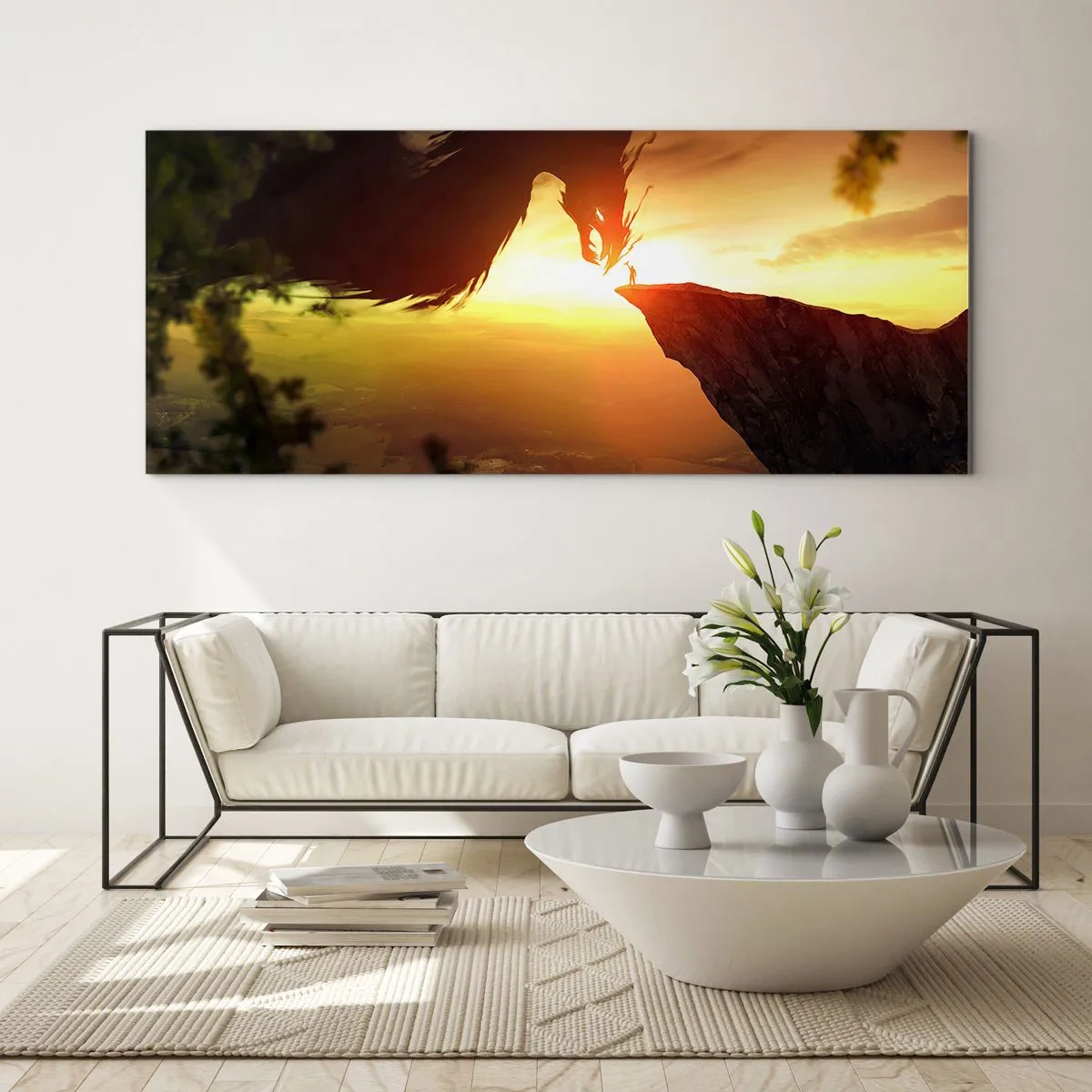 Glasbild - Bild auf glas - Ein Drache und ein Mann auf einem Felsen im Schein der untergehenden Sonne - 120x50cm - Drachentöter - Moderne Wanddekoration für Wohnzimmer und Schlafzimmer ARTTOR