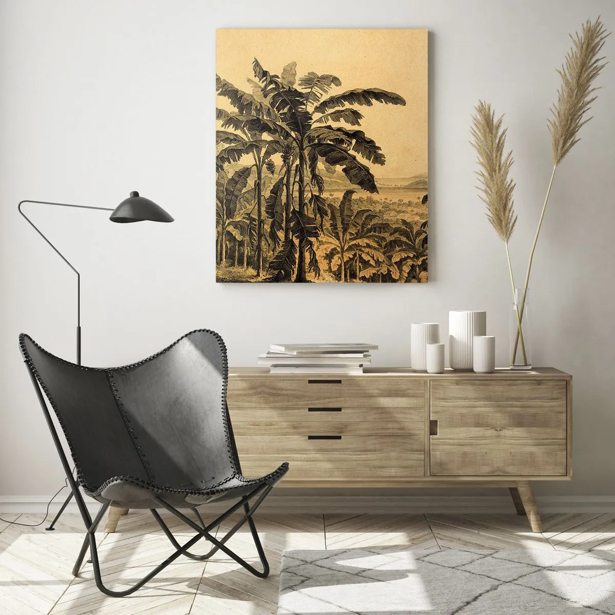 Glasbild - Bild auf glas - Eine Vintage-Illustration einer Bananenplantage mit einem entfernten Berg im Hintergrund. - 50x70cm - in einem kolonialen Klima - Moderne Wanddekoration für Wohnzimmer und Schlafzimmer ARTTOR
