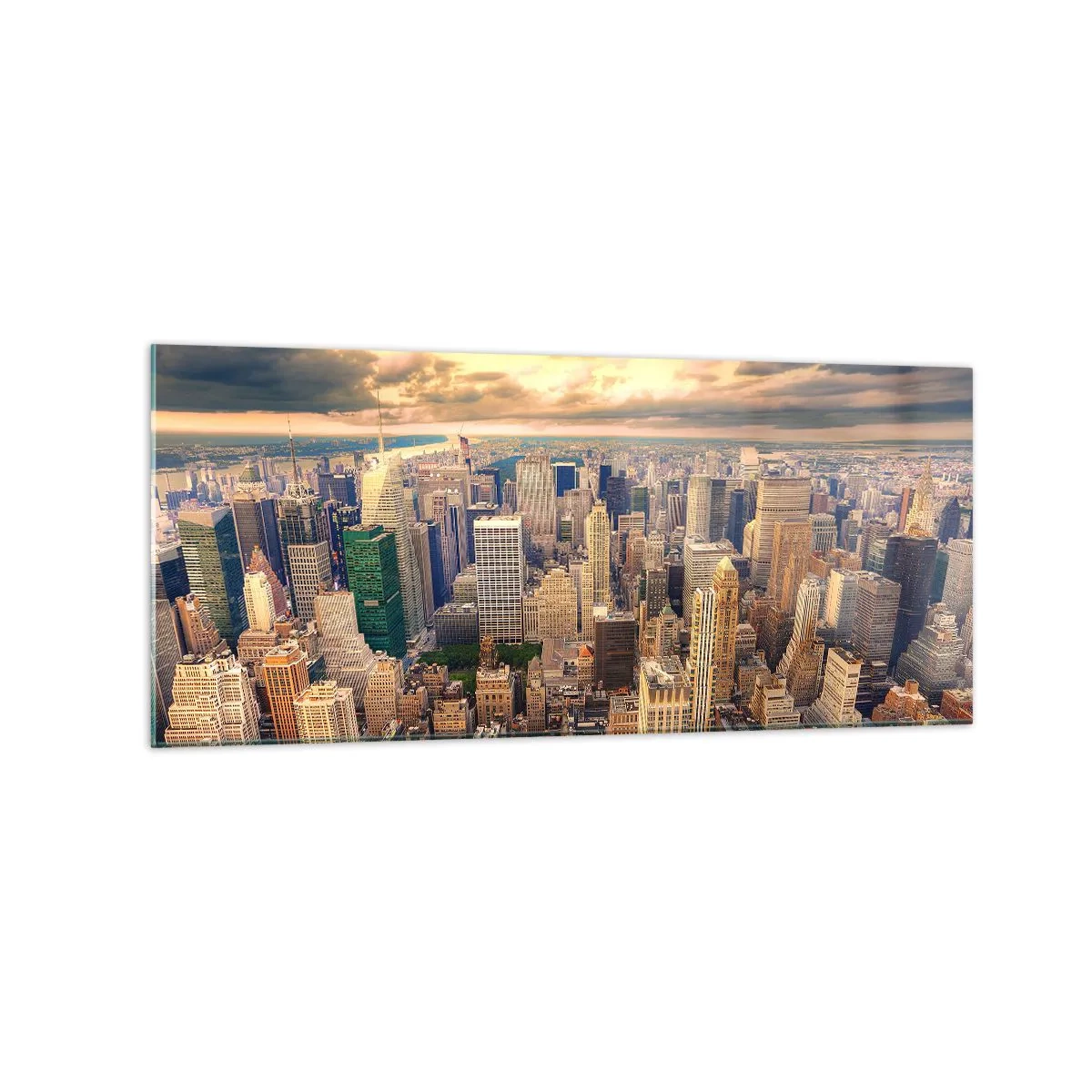 Glasbild - Bild auf glas - Stadtpanorama mit Blick auf Wolkenkratzer bei Sonnenuntergang - 120x50cm - Vergoldete Metropole - Moderne Wanddekoration für Wohnzimmer und Schlafzimmer ARTTOR