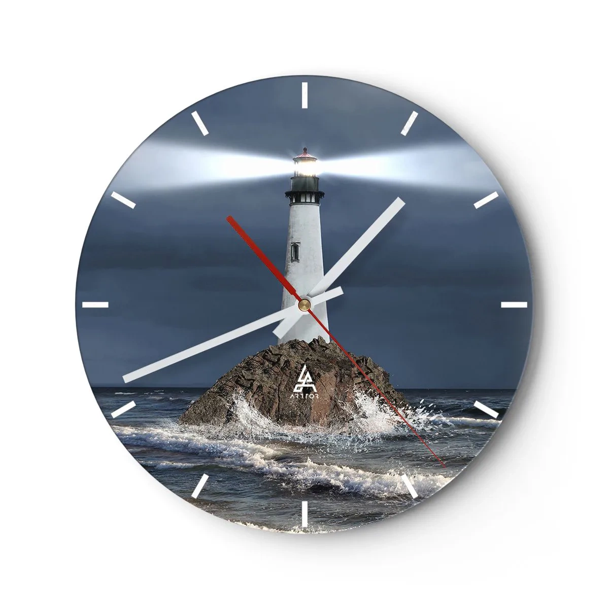 Wanduhr - Glasuhr - Ein Leuchtturm auf einem Felsen, umgeben von rauen Wellen - 30x30cm - Hier... hier... hier! - Moderne Wanddekoration für Wohnzimmer, Küche und Schlafzimmer ARTTOR