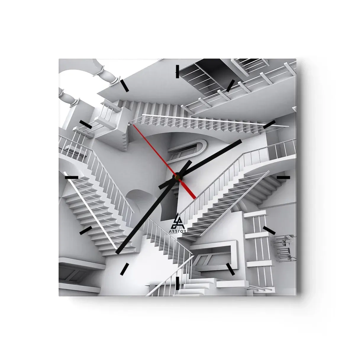 Wanduhr - Glasuhr - Eine abstrakte Komposition aus Treppen in einer surrealistischen Raumanordnung - 30x30cm - Die Paradoxien des Weltraums - Moderne Wanddekoration für Wohnzimmer und Schlafzimmer ARTTOR