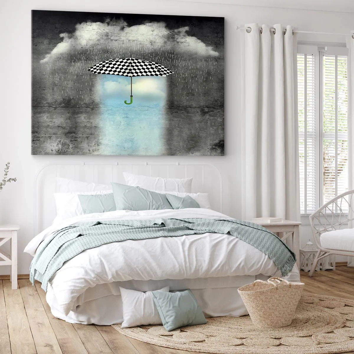 Bild auf Leinwand - Leinwandbild - Ein karierter Regenschirm über einer verregneten Landschaft - 120x80cm - Aber möglich - Moderne Wanddekoration für Wohnzimmer und Schlafzimmer ARTTOR