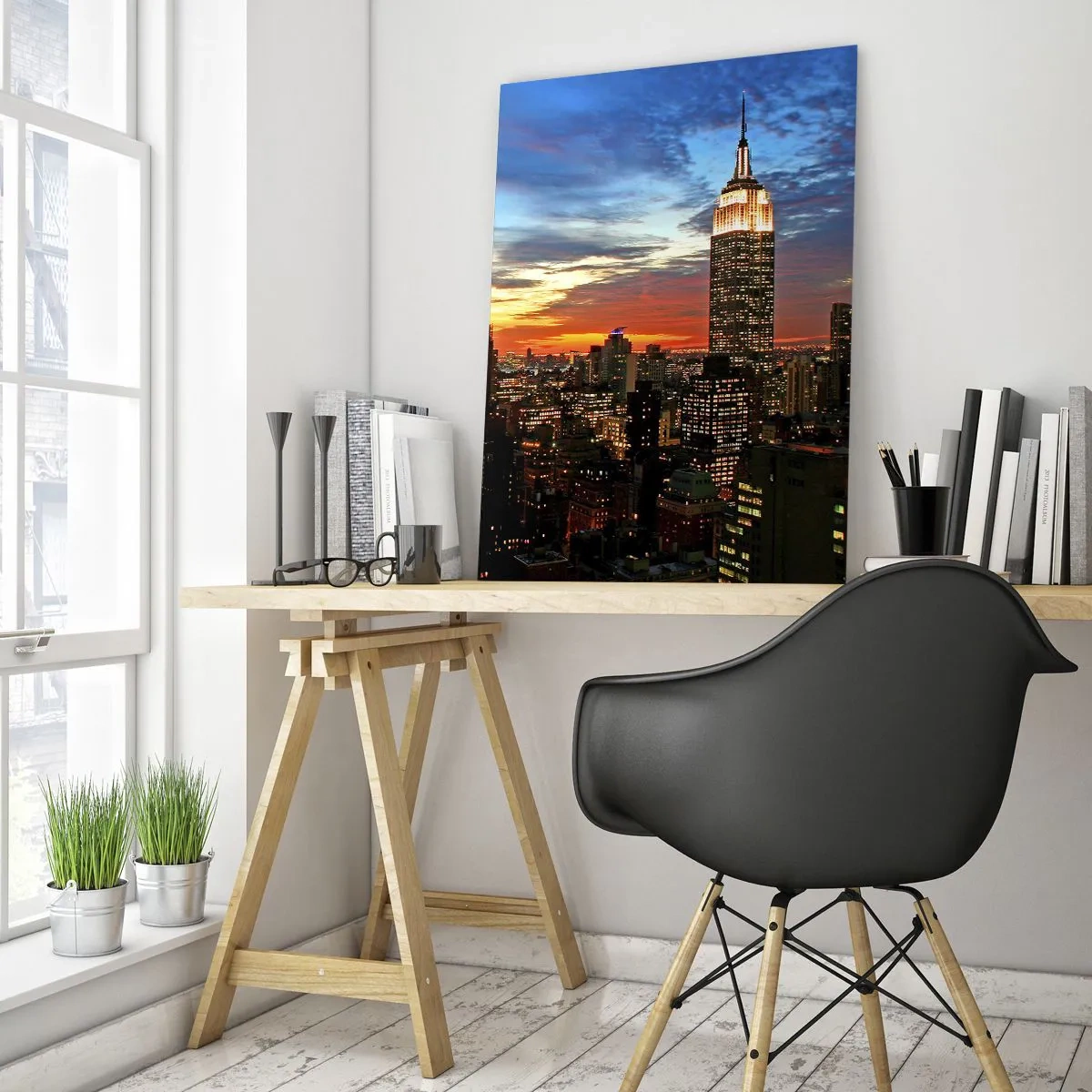 Glasbild - Bild auf glas - Nachtpanorama der Stadt mit beleuchteten Gebäuden - 50x70cm - Leuchtende amerikanische Nacht - Moderne Wanddekoration für Wohnzimmer und Schlafzimmer ARTTOR