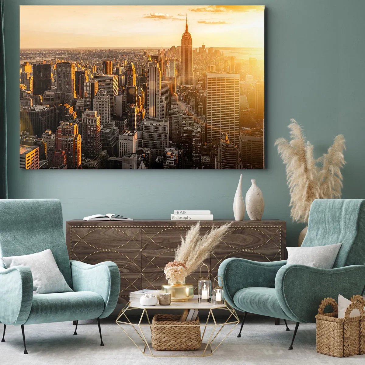 Bild auf Leinwand - Leinwandbild - Skyline von New York City bei Sonnenuntergang mit Blick auf das Empire State Building - 100x70cm - In der Sonne wachsen - Moderne Wanddekoration für Wohnzimmer und Schlafzimmer ARTTOR