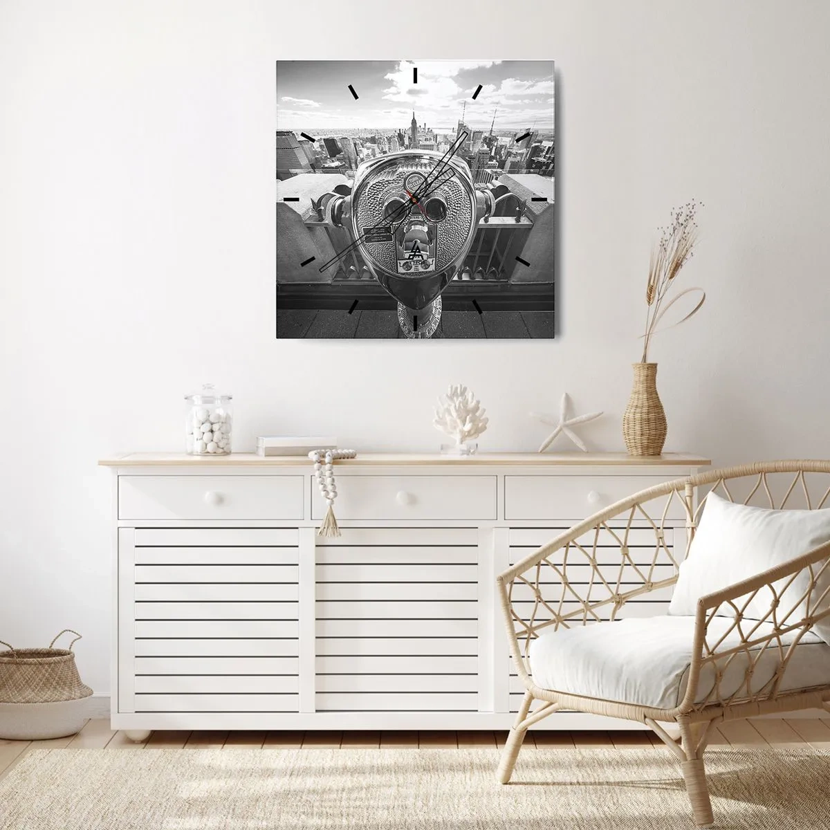 Wanduhr - Glasuhr - Monochromer Blick durch das Teleskop auf das Stadtpanorama - 30x30cm - Stadt über den Städten - Moderne Wanddekoration für Wohnzimmer und Schlafzimmer ARTTOR