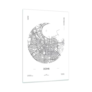 Glasbild - Bild auf glas - Eine grafische Karte von Doha im minimalistischen Schwarz-Weiß-Stil. - 50x70cm - Anatomie von Doha - Moderne Wanddekoration für Wohnzimmer und Schlafzimmer ARTTOR
