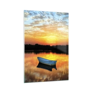 Glasbild - Bild auf glas - Ein Boot auf einem ruhigen See bei Sonnenuntergang - 70x100cm - Schauen, hören, meditieren - Moderne Wanddekoration für Wohnzimmer und Schlafzimmer ARTTOR