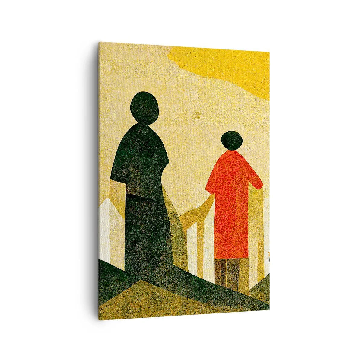 Bild auf Leinwand - Leinwandbild - Geometrische Silhouetten in Rot und Grün auf gelbem Hintergrund - 70x100cm - Es ist noch ein langer Weg - Moderne Wanddekoration für Wohnzimmer und Schlafzimmer ARTTOR