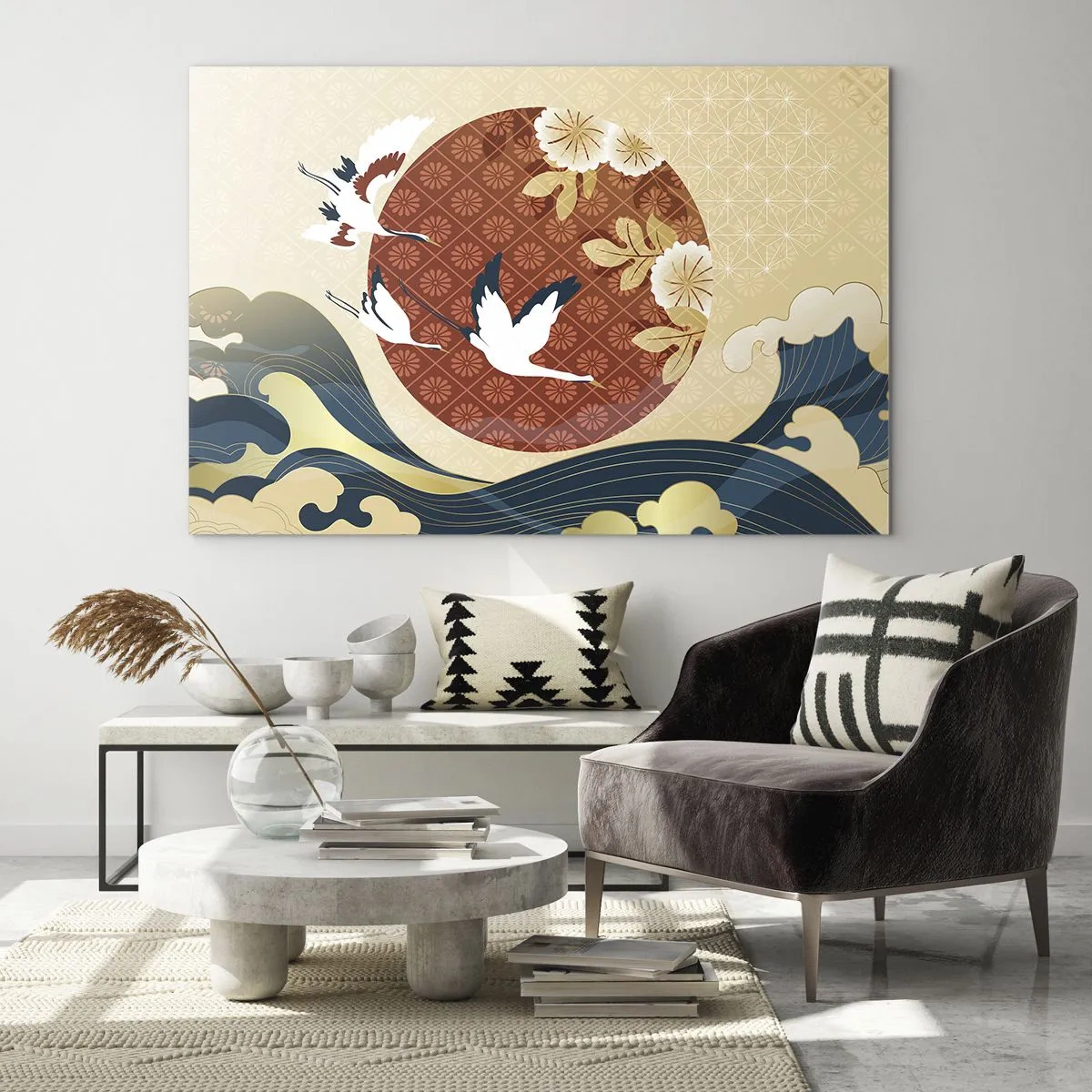 Glasbild - Bild auf glas - Japanische Kraniche über den Wellen vor einem roten Kreis - 100x70cm - Japanisches Märchen - Moderne Wanddekoration für Wohnzimmer und Schlafzimmer ARTTOR