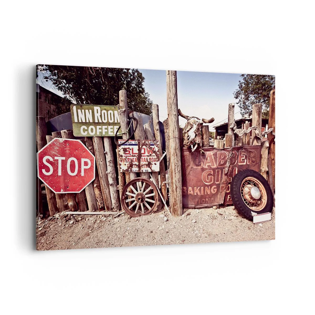 Bild auf Leinwand - Leinwandbild - Rustikale Dekoration mit Schildern und einem Rad am Zaun - 120x80cm - Und die Zeit ist stehen geblieben - Moderne Wanddekoration für Wohnzimmer und Schlafzimmer ARTTOR
