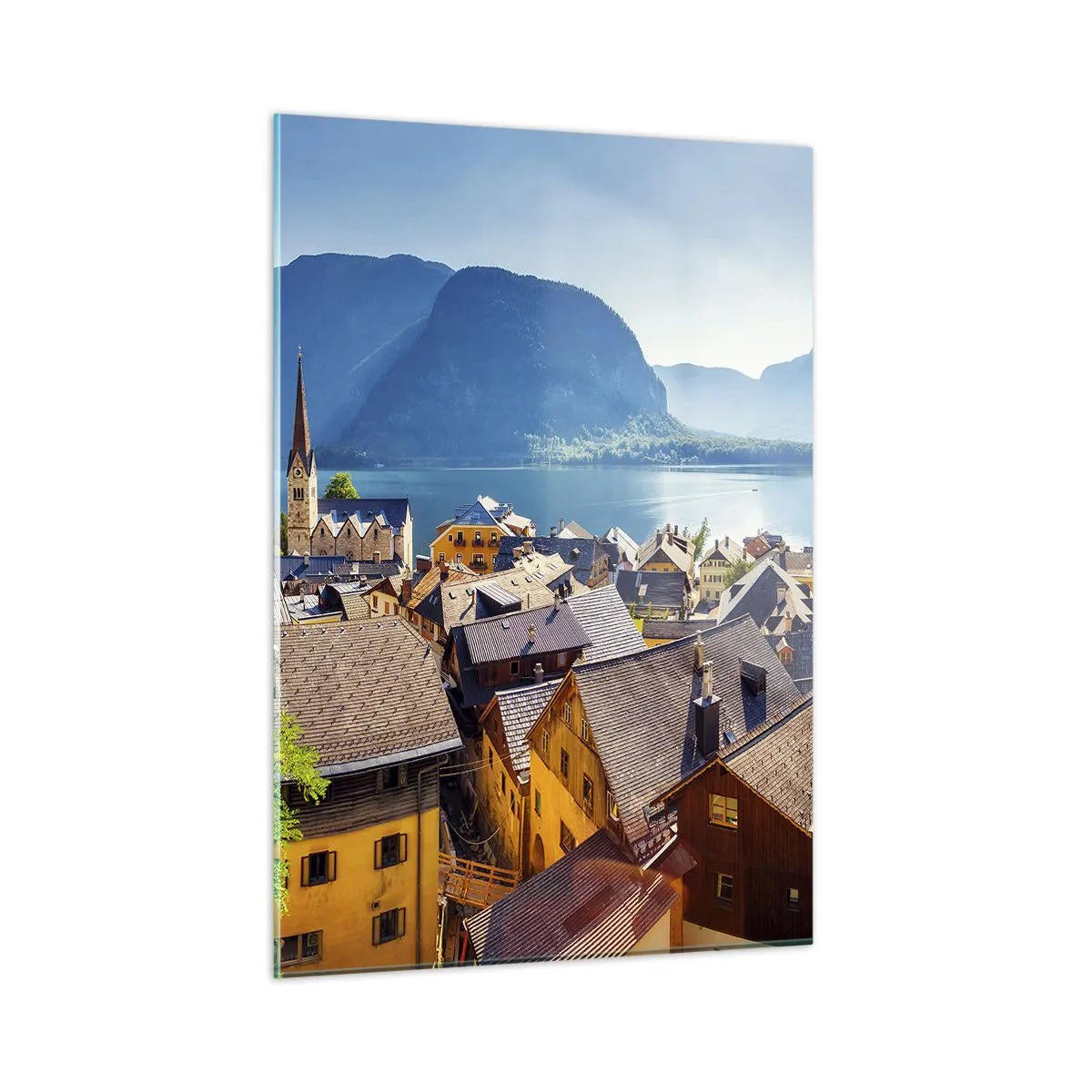 Glasbild - Bild auf glas - Eine malerische Stadt an einem von Bergen umgebenen See - 50x70cm - Es könnte nicht malerischer sein - Moderne Wanddekoration für Wohnzimmer und Schlafzimmer ARTTOR