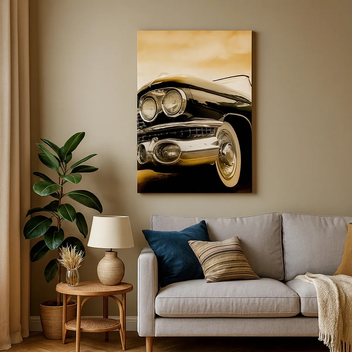 Bild auf Leinwand - Leinwandbild - Ein Oldtimer im Retro-Look und mit Chromdetails. - 50x70cm - Klassiker vergehen nie - Moderne Wanddekoration für Wohnzimmer und Schlafzimmer ARTTOR