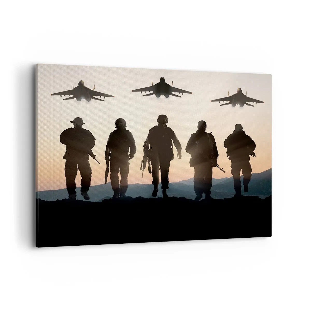 Bild auf Leinwand - Leinwandbild - Silhouetten von Soldaten und Kampfjets vor dem Hintergrund des Sonnenuntergangs - 120x80cm - Willkommen in unserer Welt - Moderne Wanddekoration für Wohnzimmer und Schlafzimmer ARTTOR