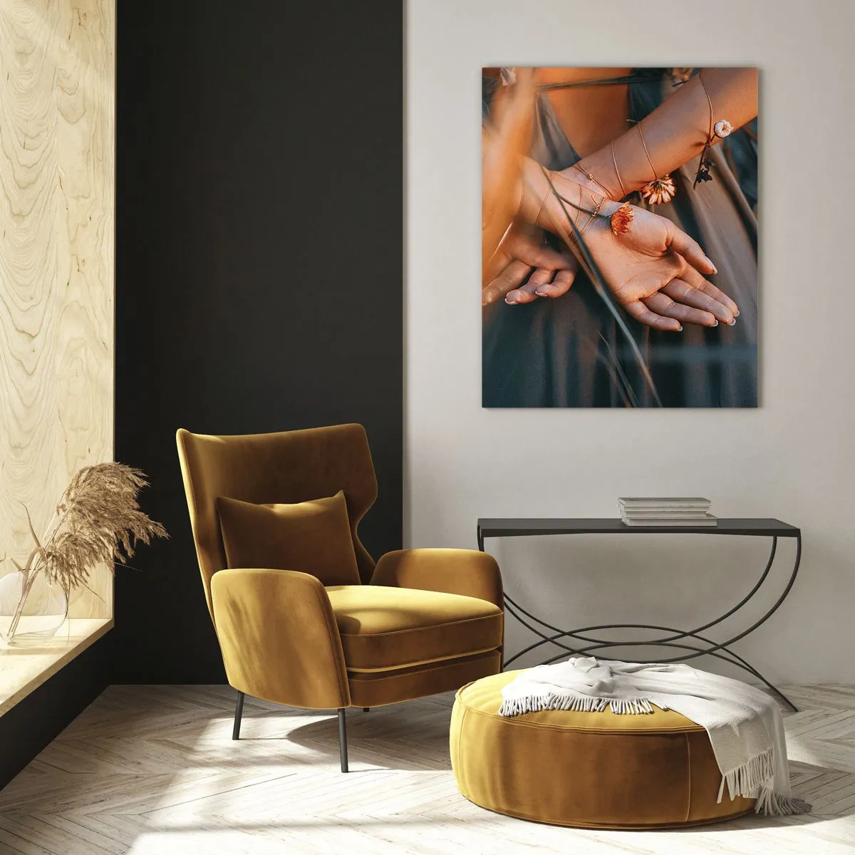 Glasbild - Bild auf glas - Sinnliche Hände mit Blumen in einer natürlichen Umgebung - 70x100cm - Verbunden mit der Natur - Moderne Wanddekoration für Wohnzimmer und Schlafzimmer ARTTOR