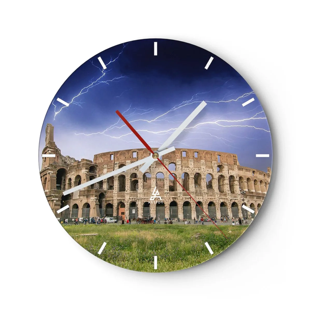 Wanduhr - Glasuhr - Das Kolosseum wird vom Blitz vor einem dunklen Himmel beleuchtet - 30x30cm - Kampfarena - Moderne Wanddekoration für Wohnzimmer, Küche und Schlafzimmer ARTTOR
