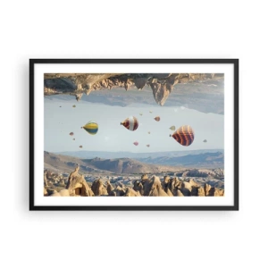 Poster in einem schwarzem Rahmen - Bunte Ballons über einer felsigen Landschaft - 70x50cm - Hier ist alles möglich - Moderne Wanddekoration für Wohnzimmer und Schlafzimmer ARTTOR