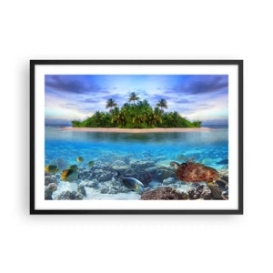 Poster in einem schwarzem Rahmen - Eine tropische Insel, umgeben von einem türkisfarbenen Ozean mit einem Korallenriff und Fischen. - 70x50cm - Heavenly Island lädt dich ein - Moderne Wanddekoration für Wohnzimmer und Schlafzimmer ARTTOR