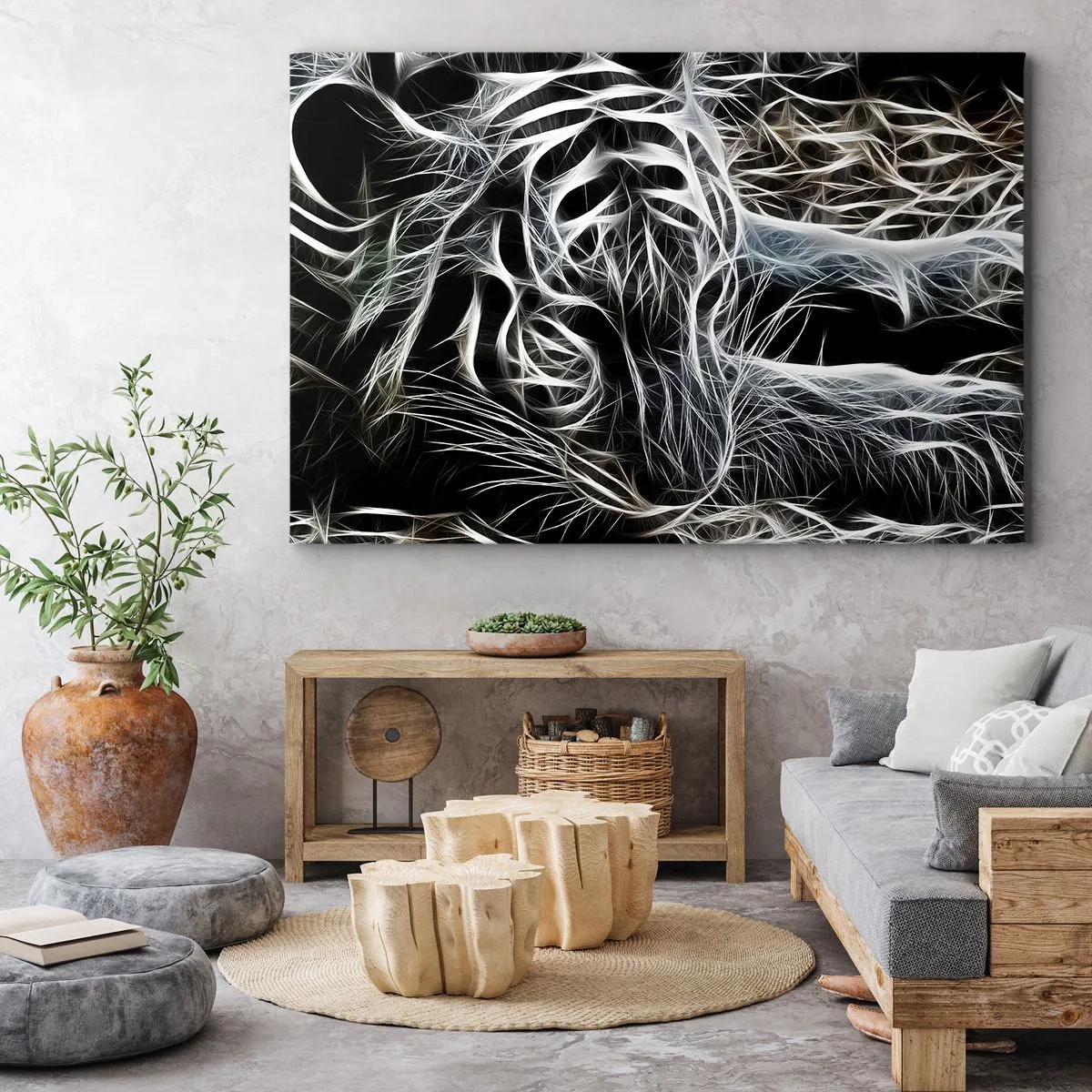 Bild auf Leinwand - Leinwandbild - Ein abstraktes Muster, das die Silhouette einer Katze auf schwarzem Hintergrund darstellt. - 70x50cm - Eine Studie über die Leichtigkeit der Katze - Moderne Wanddekoration für Wohnzimmer und Schlafzimmer ARTTOR