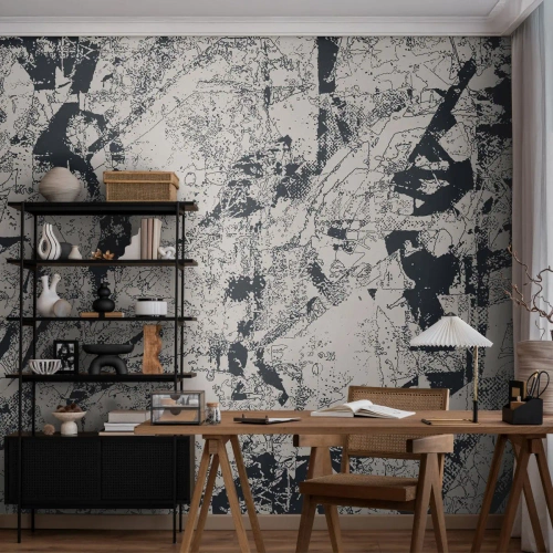 Fototapete Premium Sand - Schwarz-Weiß-Abstraktion mit dynamischer Anordnung von Formen und Linien - 100x70cm - Durchdringung der Gegensätze - Moderne Wanddekoration für Wohnzimmer und Schlafzimmer ARTTOR