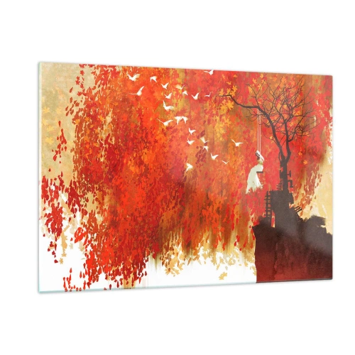 Glasbild - Bild auf glas - Rote Blätter, ein einsamer Baum und Vögel in einer Herbstszene - 120x80cm - Wird er mit ihnen fliegen? - Moderne Wanddekoration für Wohnzimmer und Schlafzimmer ARTTOR