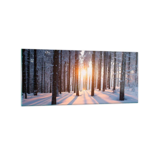 Glasbild - Bild auf glas - Winterwald, beleuchtet von den Sonnenstrahlen - 120x50cm - Ganz klar schwarz auf weiß - Moderne Wanddekoration für Wohnzimmer und Schlafzimmer ARTTOR