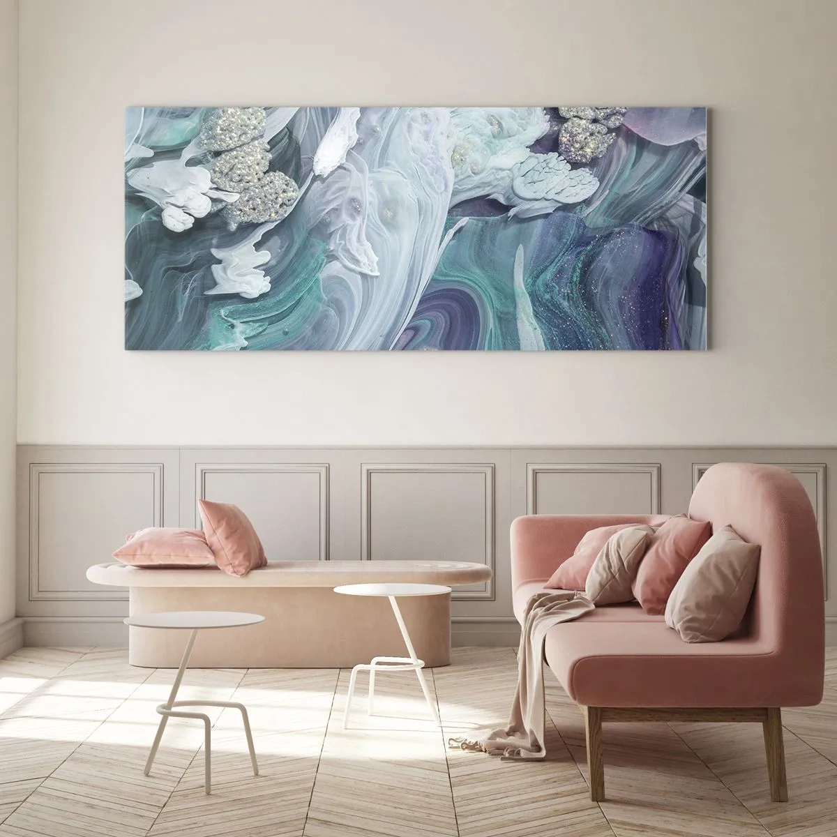 Glasbild - Bild auf glas - Abstrakte Wirbel in Blau- und Weißtönen - 120x50cm - Strömungen von Himmelblau - Moderne Wanddekoration für Wohnzimmer und Schlafzimmer ARTTOR