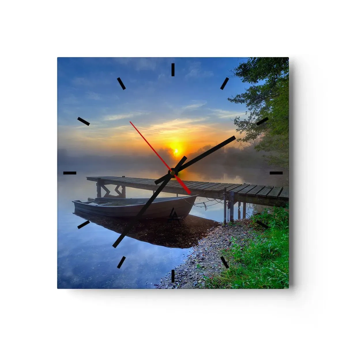Wanduhr - Glasuhr - Ein Seesteg bei Sonnenaufgang mit einem Boot am Ufer - 30x30cm - Wie aus Gewöhnlichem Magie wird - Moderne Wanddekoration für Wohnzimmer und Schlafzimmer ARTTOR