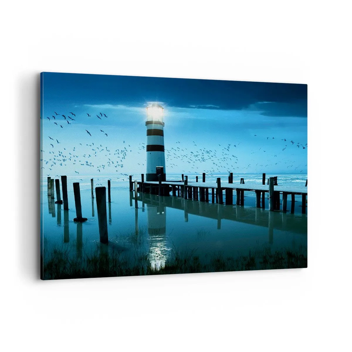 Bild auf Leinwand - Leinwandbild - Der Leuchtturm am Pier beleuchtet in der Nacht - 100x70cm - Und du hast keine Angst vor der Dunkelheit - Moderne Wanddekoration für Wohnzimmer und Schlafzimmer ARTTOR