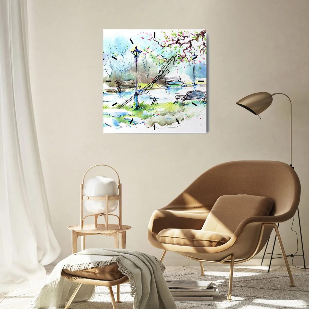 Wanduhr - Glasuhr - Aquarell-Parkszene mit Bänken und Lampen - 30x30cm - Der Zauber der Stille des Parks - Moderne Wanddekoration für Wohnzimmer und Schlafzimmer ARTTOR