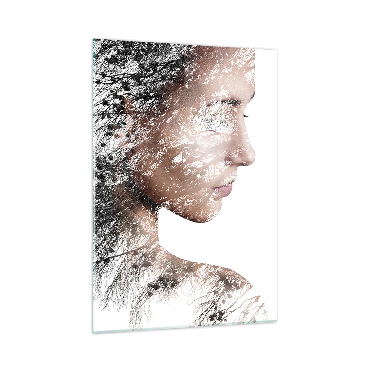Glasbild - Bild auf glas - Porträt einer Frau mit Zweigen im Hintergrund - 50x70cm - Der Geist des Waldes - Moderne Wanddekoration für Wohnzimmer und Schlafzimmer ARTTOR