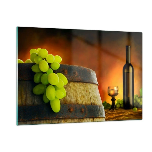 Glasbild - Bild auf glas - Trauben auf einem Fass in rustikalem Ambiente mit Wein im Hintergrund - 120x80cm - Stillleben mit einer Flasche Wein und einer Weintraube - Moderne Wanddekoration für Wohnzimmer und Schlafzimmer ARTTOR