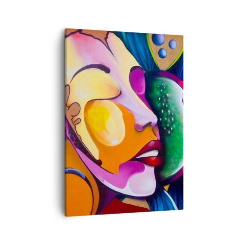Bild auf Leinwand - Leinwandbild - Eine farbenfrohe Abstraktion mit einem Gesichtsmotiv in einer dynamischen Komposition - 50x70cm - Mit Farbe berühren - Moderne Wanddekoration für Wohnzimmer und Schlafzimmer ARTTOR