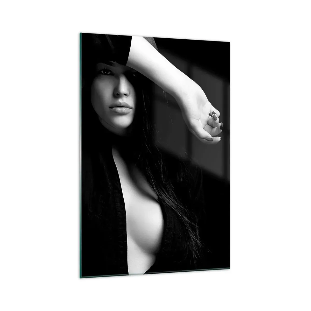 Glasbild - Bild auf glas - Stilvolles Frauenporträt in Schwarz-Weiß - 70x100cm - Schule der Verführung - Moderne Wanddekoration für Wohnzimmer und Schlafzimmer ARTTOR