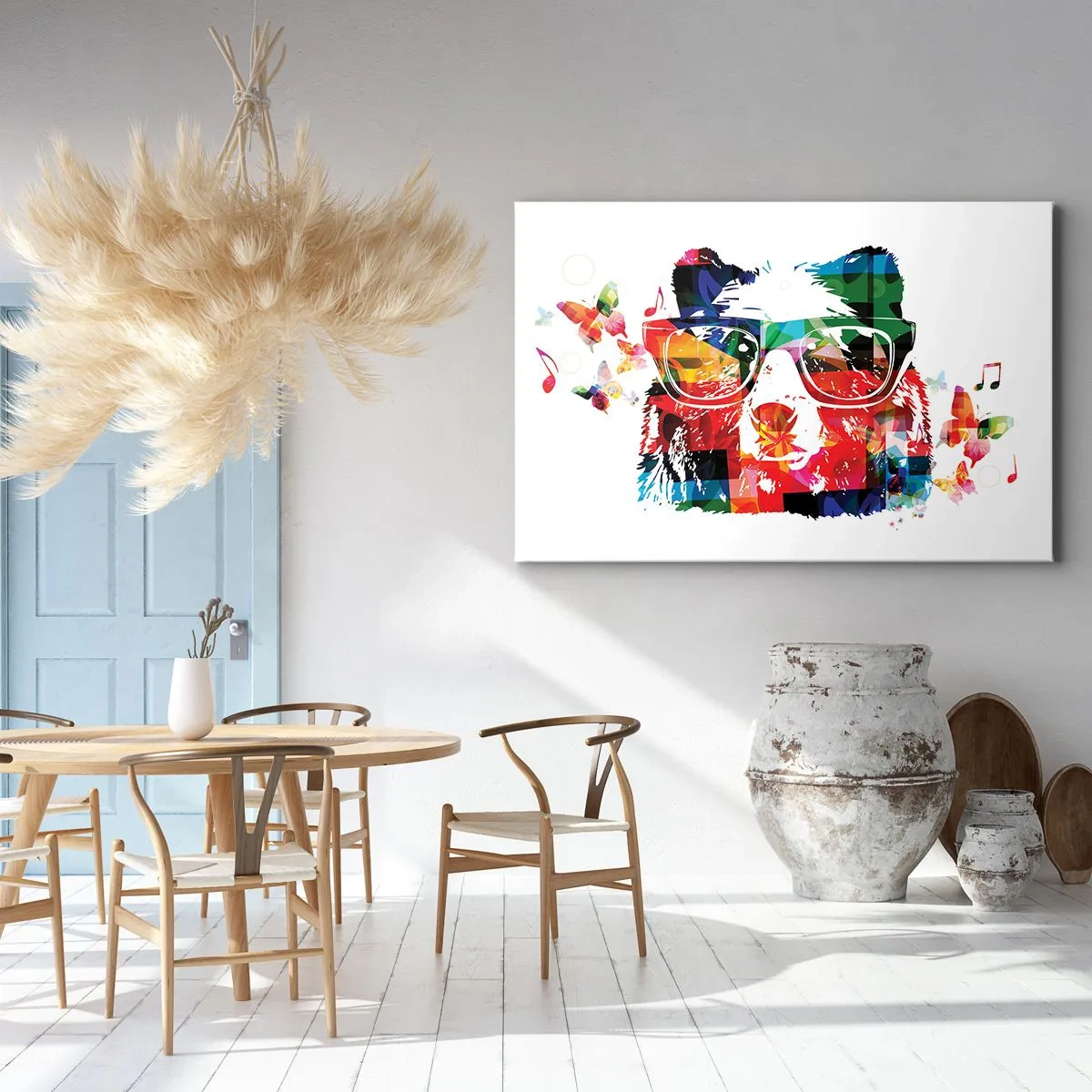Bild auf Leinwand - Leinwandbild - Bunter Bär mit Brille mit Schmetterlingen und Musiknoten - 70x50cm - Ich mag! - Moderne Wanddekoration für Wohnzimmer und Schlafzimmer ARTTOR