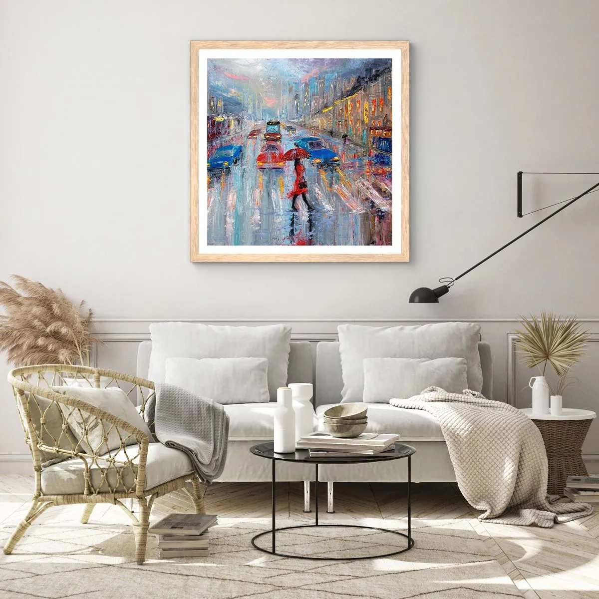 Poster in einem Rahmen aus heller Eiche - Regnerischer Nachmittag in der Stadt - 60x60 cm
