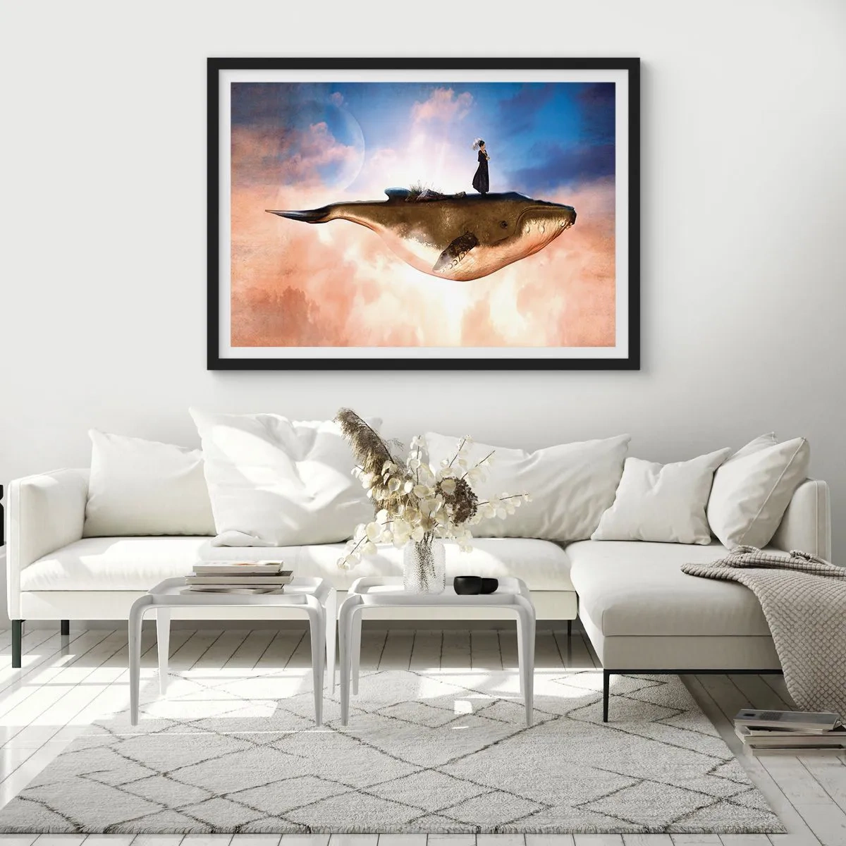Poster in einem schwarzem Rahmen - Eine fantastische Szene einer Frau auf einem Wal zwischen den Wolken - 100x70cm - Eine echte Reise - Moderne Wanddekoration für Wohnzimmer und Schlafzimmer ARTTOR