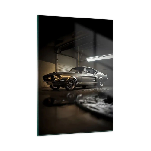 Glasbild - Bild auf glas - Oldtimer in Garage unter Industriebeleuchtung - 50x70cm - Zurück in die Vergangenheit - Moderne Wanddekoration für Wohnzimmer und Schlafzimmer ARTTOR