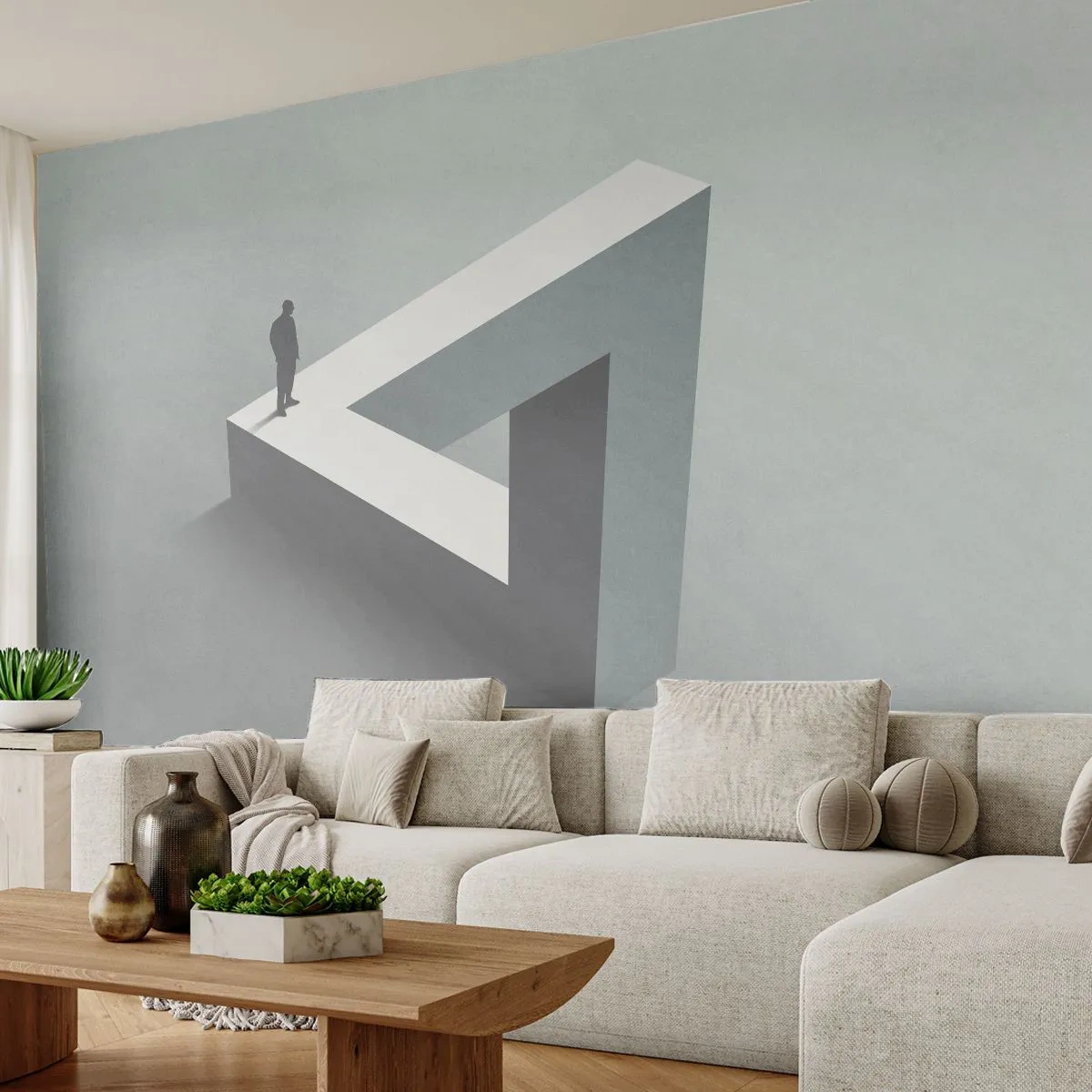 Fototapete Premium Sand - Ein Mann, der auf einer unmöglichen geometrischen Form steht. - 100x70cm - Es ist also doch möglich - Moderne Wanddekoration für Wohnzimmer und Schlafzimmer ARTTOR