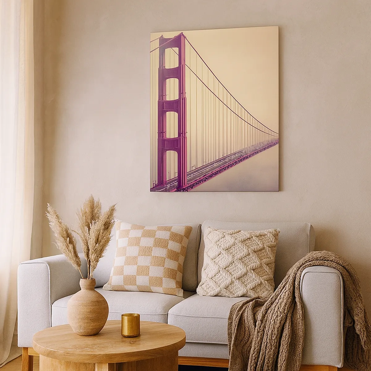 Bild auf Leinwand - Leinwandbild - Eine Brücke im Nebel in Pastelltönen, ein Symbol für Eleganz und Frieden - 50x70cm - Zwischen Himmel und Erde - Moderne Wanddekoration für Wohnzimmer und Schlafzimmer ARTTOR