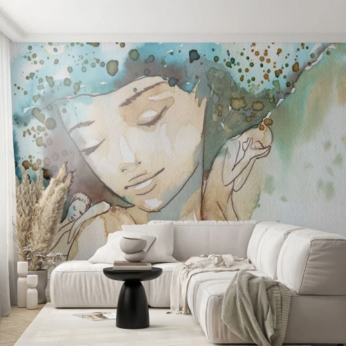 Fototapete Premium Sand - Dame in Blau - Abstraktion, Frau, Das Gesicht einer Frau - 200x140 cm