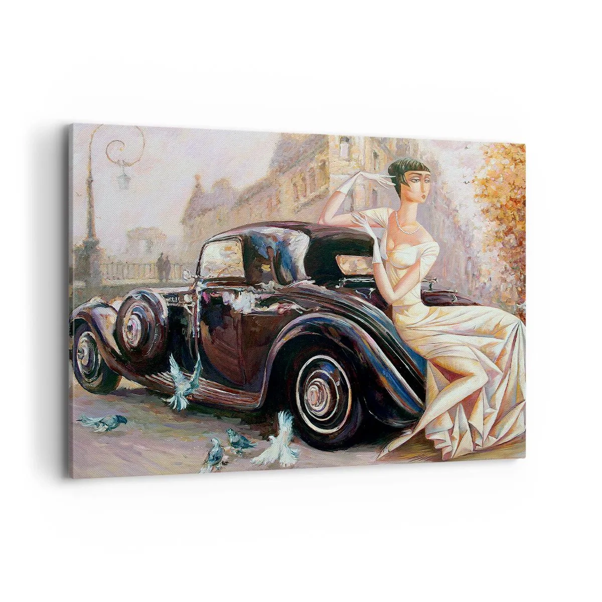 Bild auf Leinwand - Leinwandbild - Retro-Frau neben Oldtimer - 100x70cm - Eleganz im Retro-Stil - Moderne Wanddekoration für Wohnzimmer und Schlafzimmer ARTTOR