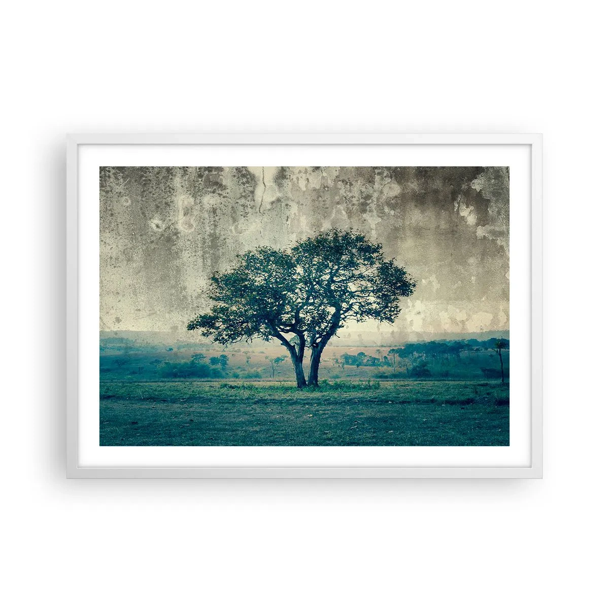 Poster in einem weißen Rahmen - Ein Apfelbaum auf blauem Feld? - 70x50 cm