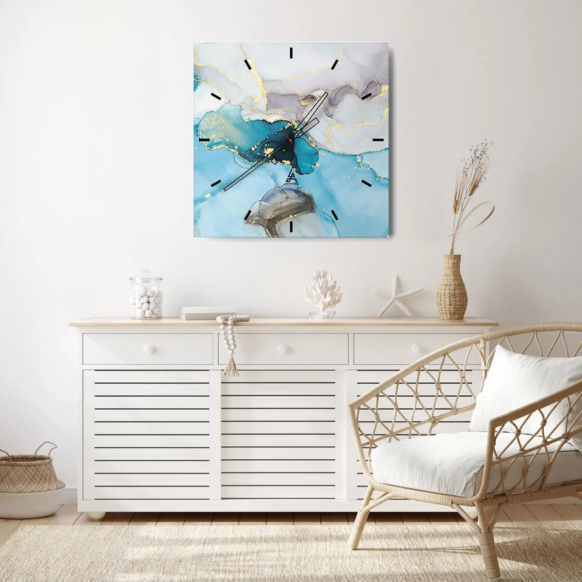 Wanduhr - Glasuhr - Abstraktion in Blau- und Goldtönen mit subtilen Linien - 30x30cm - Eine Studie über das Zusammentreffen von Grau und Türkis - Moderne Wanddekoration für Wohnzimmer und Schlafzimmer ARTTOR