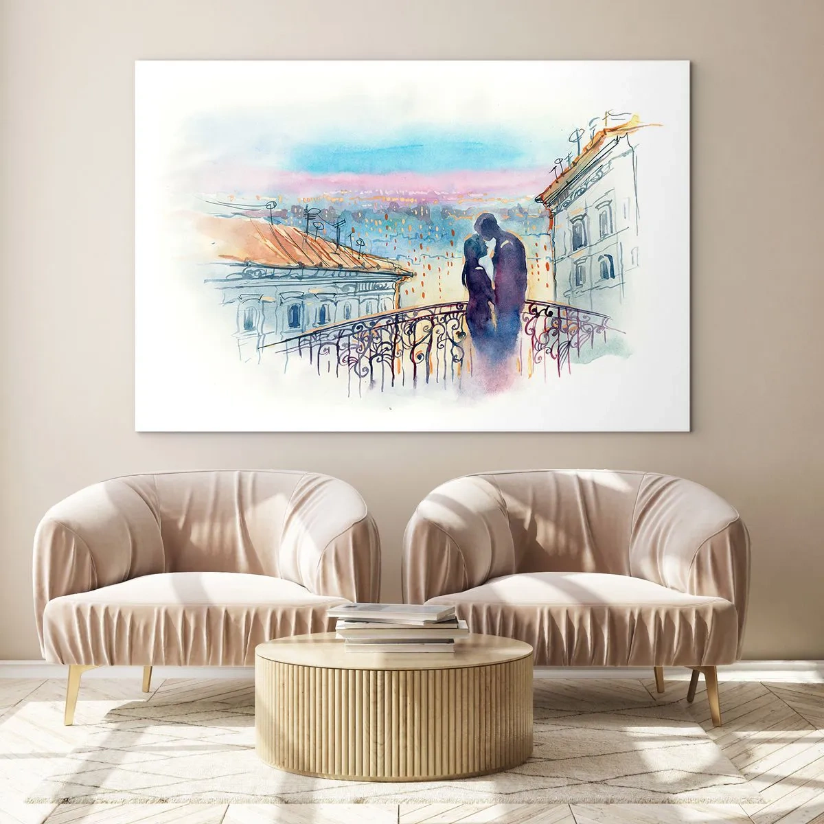 Glasbild - Bild auf glas - Paar auf dem Balkon genießt romantischen Sonnenuntergang - 120x80cm - Paris-Liebhaber - Moderne Wanddekoration für Wohnzimmer und Schlafzimmer ARTTOR