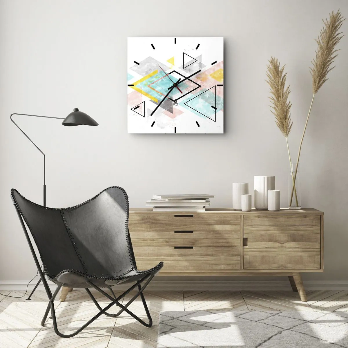 Wanduhr - Glasuhr - Bunte geometrische Muster auf weißem Hintergrund - 30x30cm - Geometrisches Spiel - Moderne Wanddekoration für Wohnzimmer und Schlafzimmer ARTTOR