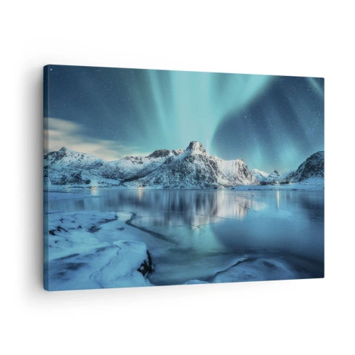 Bild auf Leinwand - Leinwandbild - Aurora Borealis über schneebedeckten Bergen und einem See - 70x50cm - Lichtnacht - Moderne Wanddekoration für Wohnzimmer und Schlafzimmer ARTTOR
